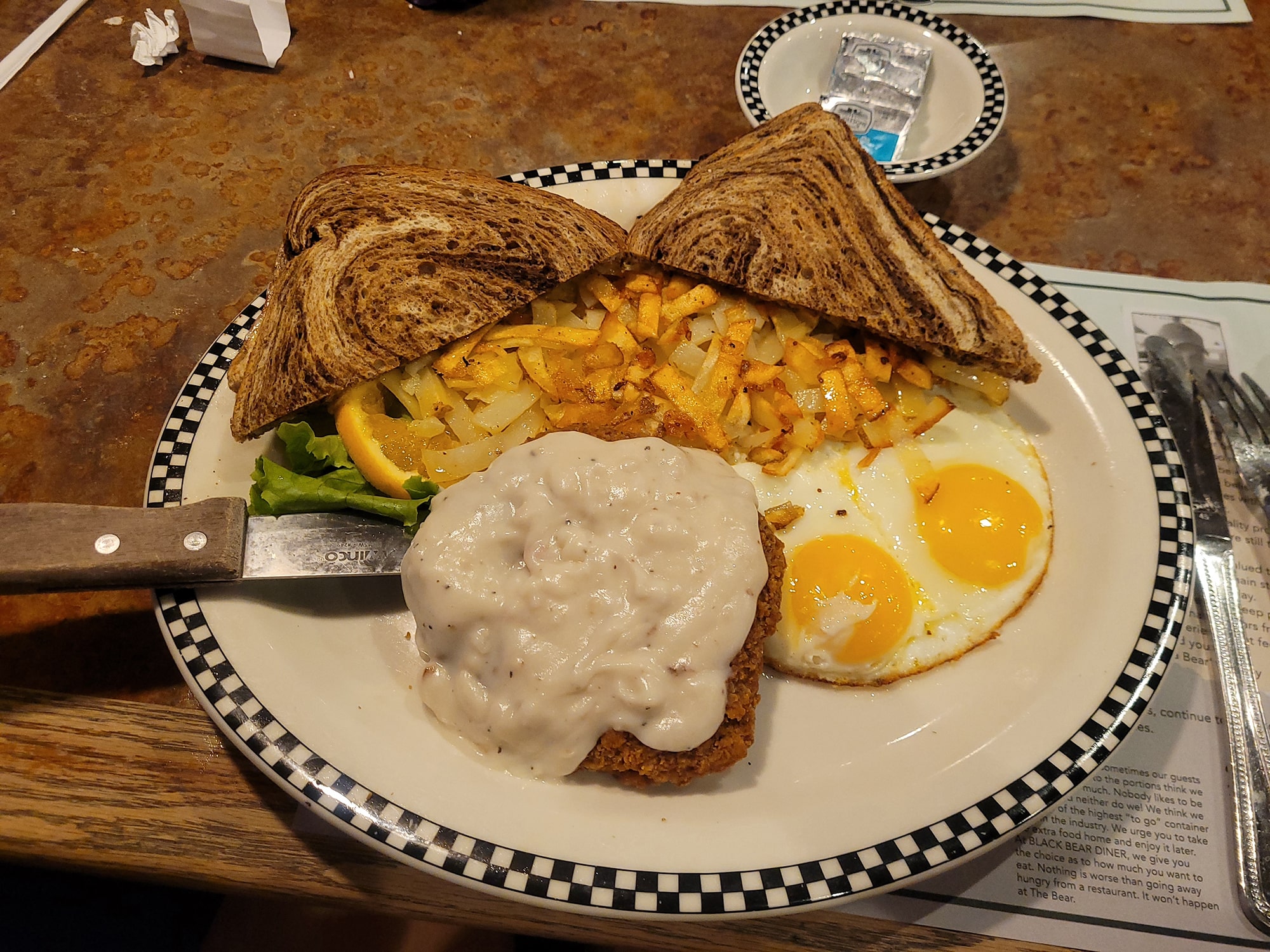 toast, chicken fried steak and eggs